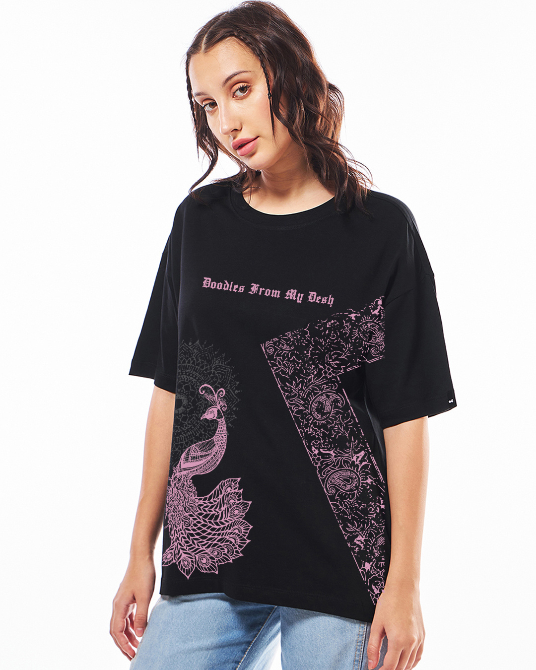 Shop Women's Jet Black Doodles Desh Graphic Printed Oversized T-shirt-Back
