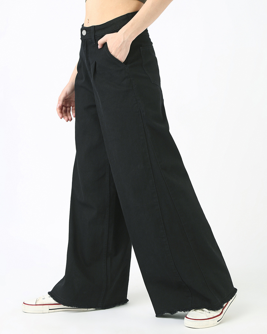Shop Women's Jet Black Washed Flared Korean Jeans-Back