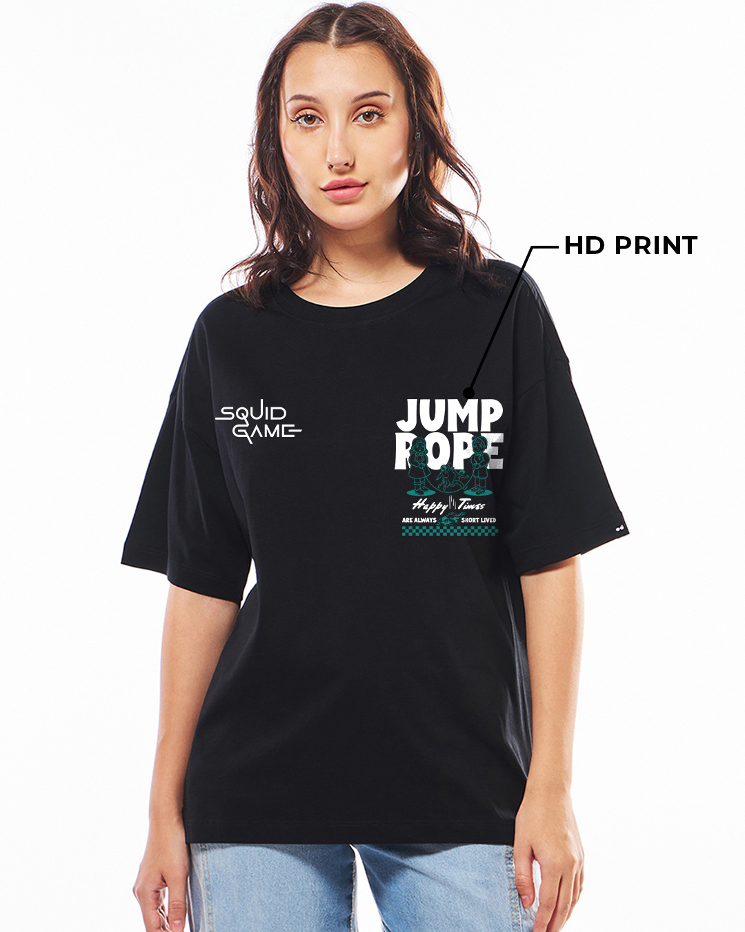 Shop Women's Jet Black Jump Rope Graphic Printed Oversized T-shirt-Back