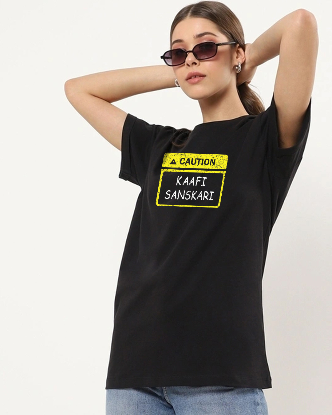 Shop Women's Jet Black Kaafi Sanskari Typography Boyfriend T-shirt-Back
