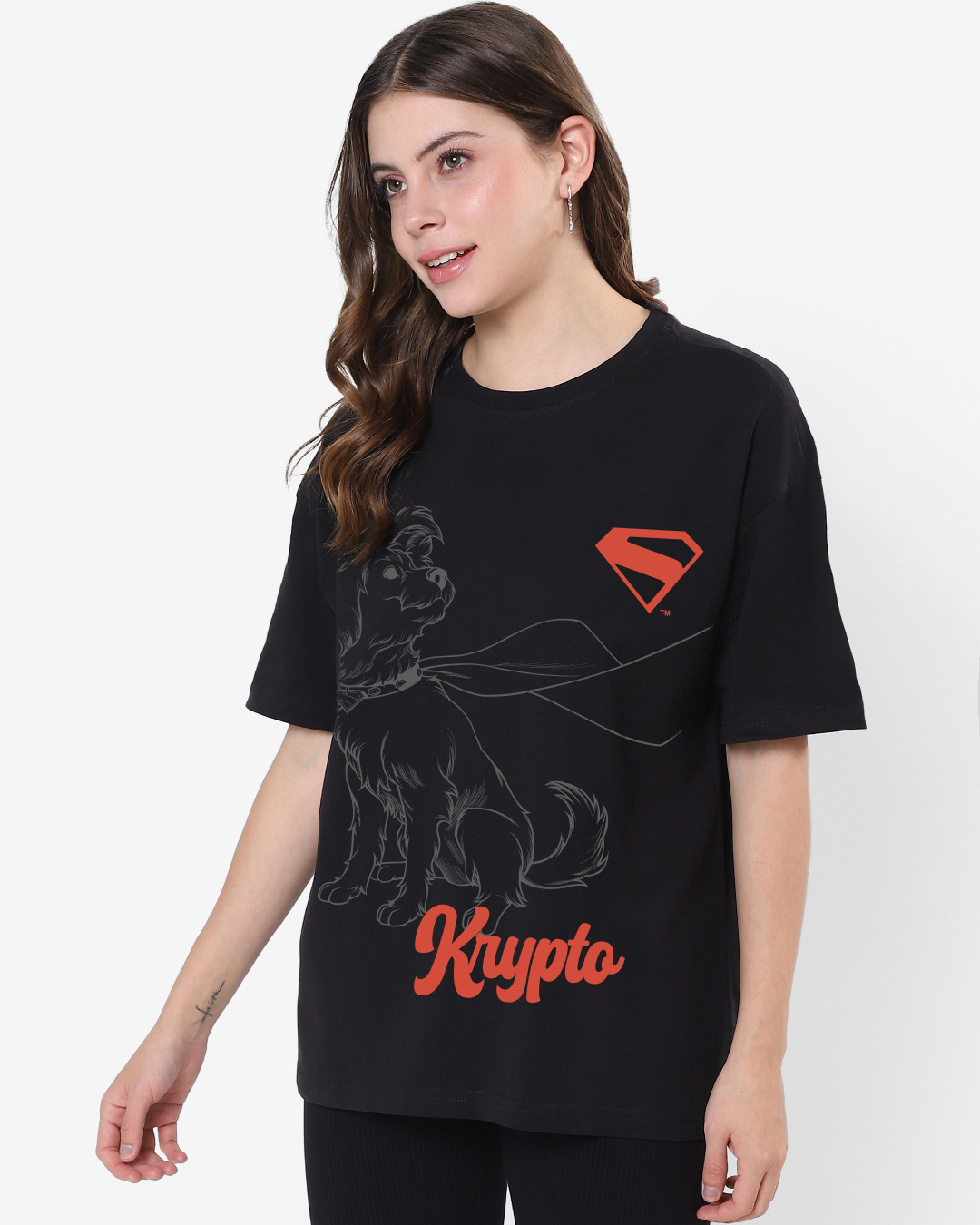 Shop Women's Jet Black Krypto Graphic Printed Oversized T-shirt-Back