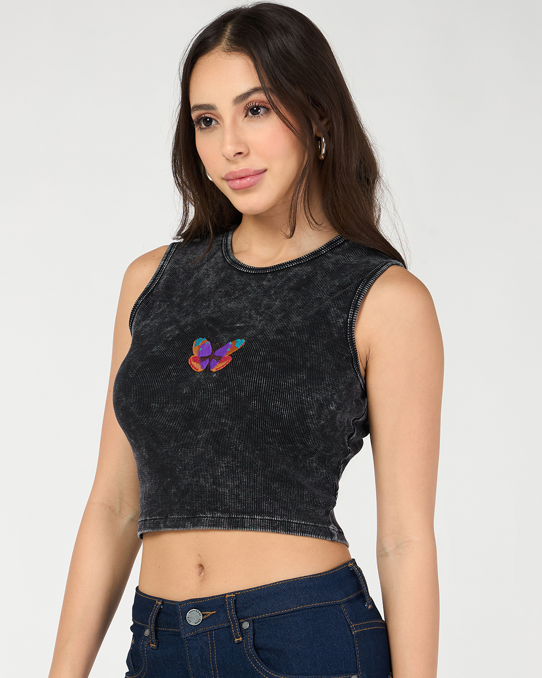 Shop Women's Jet Black Embroidered Slim Fit Acid Wash Short Top-Back