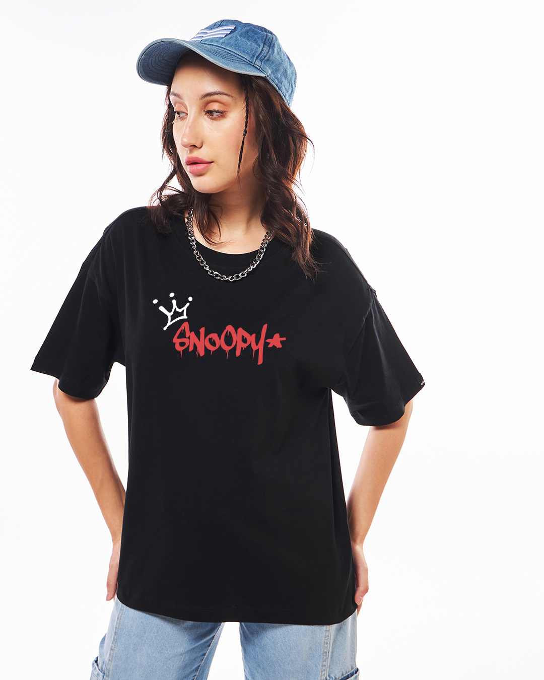 Shop Women's Jet Black Snoopy King Graphic Printed Oversized T-shirt-Back