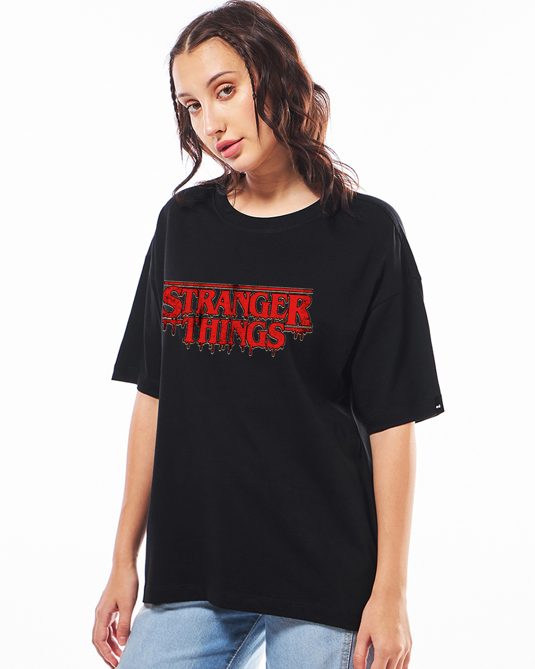 Shop Women's Jet Black Stranger Things Logo Typography Oversized T-shirt-Back
