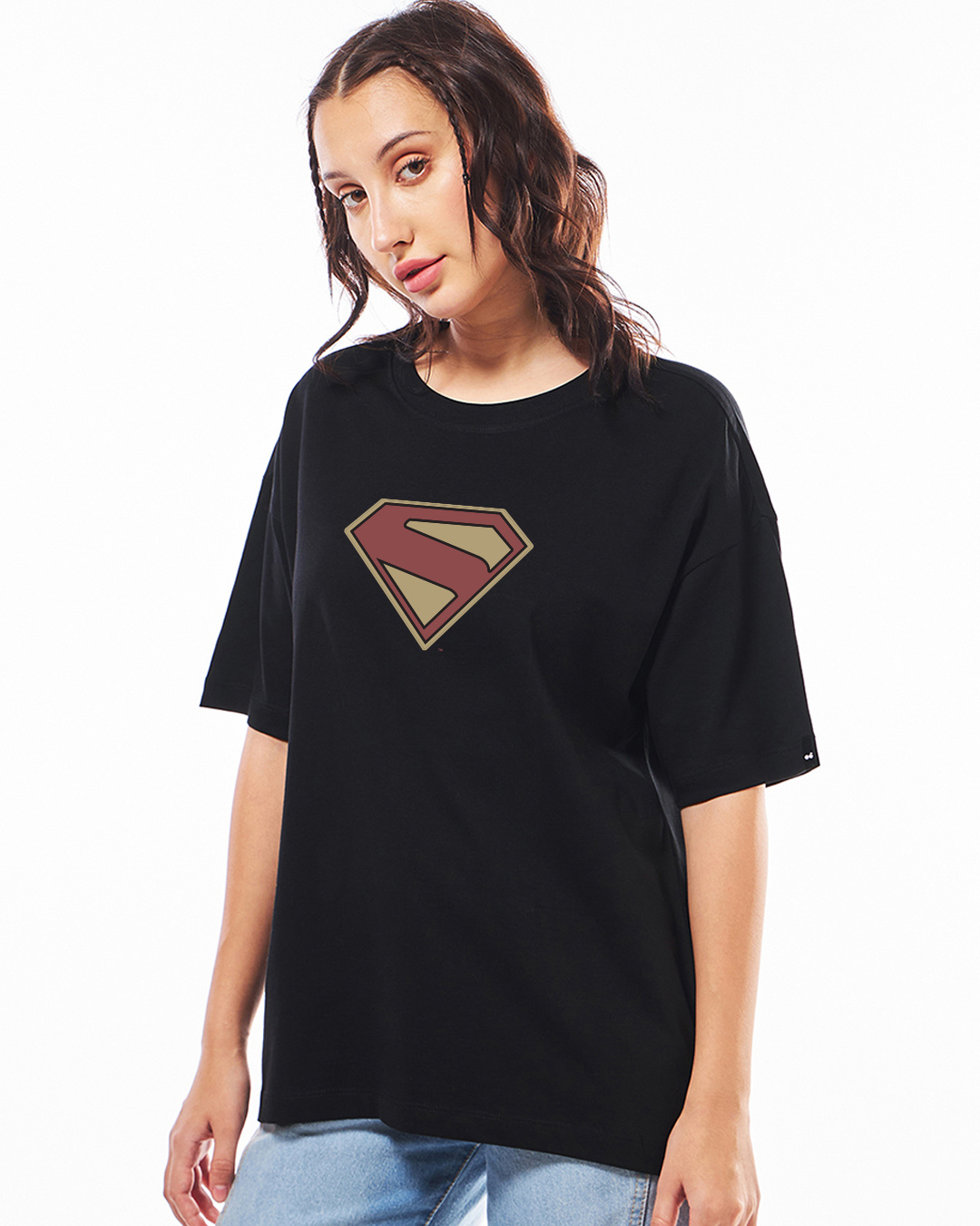 Shop Women's Jet Black Superman Logo Graphic Printed Oversized T-shirt-Back