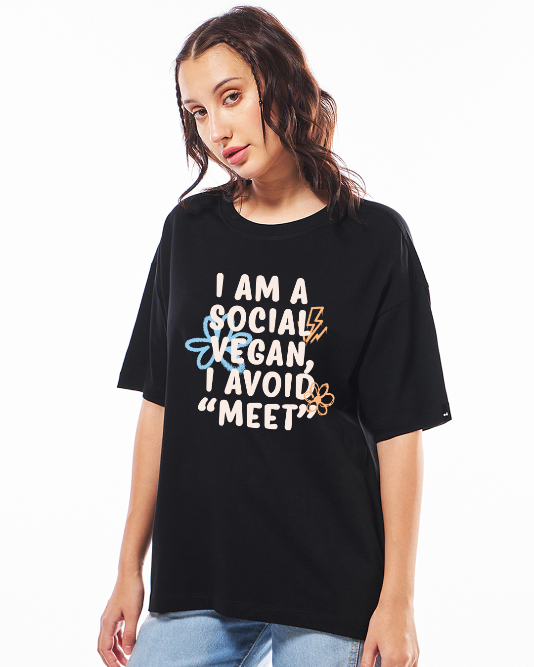 Shop Women's Jet Black Vegan Typography Oversized T-shirt-Back