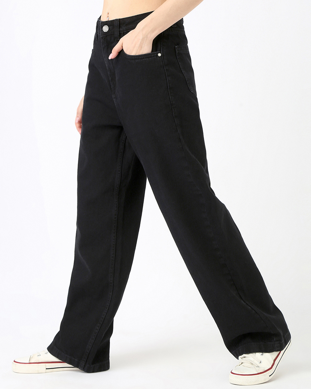 Shop Women's Jet Black Washed Baggy Straight Fit Jeans-Back