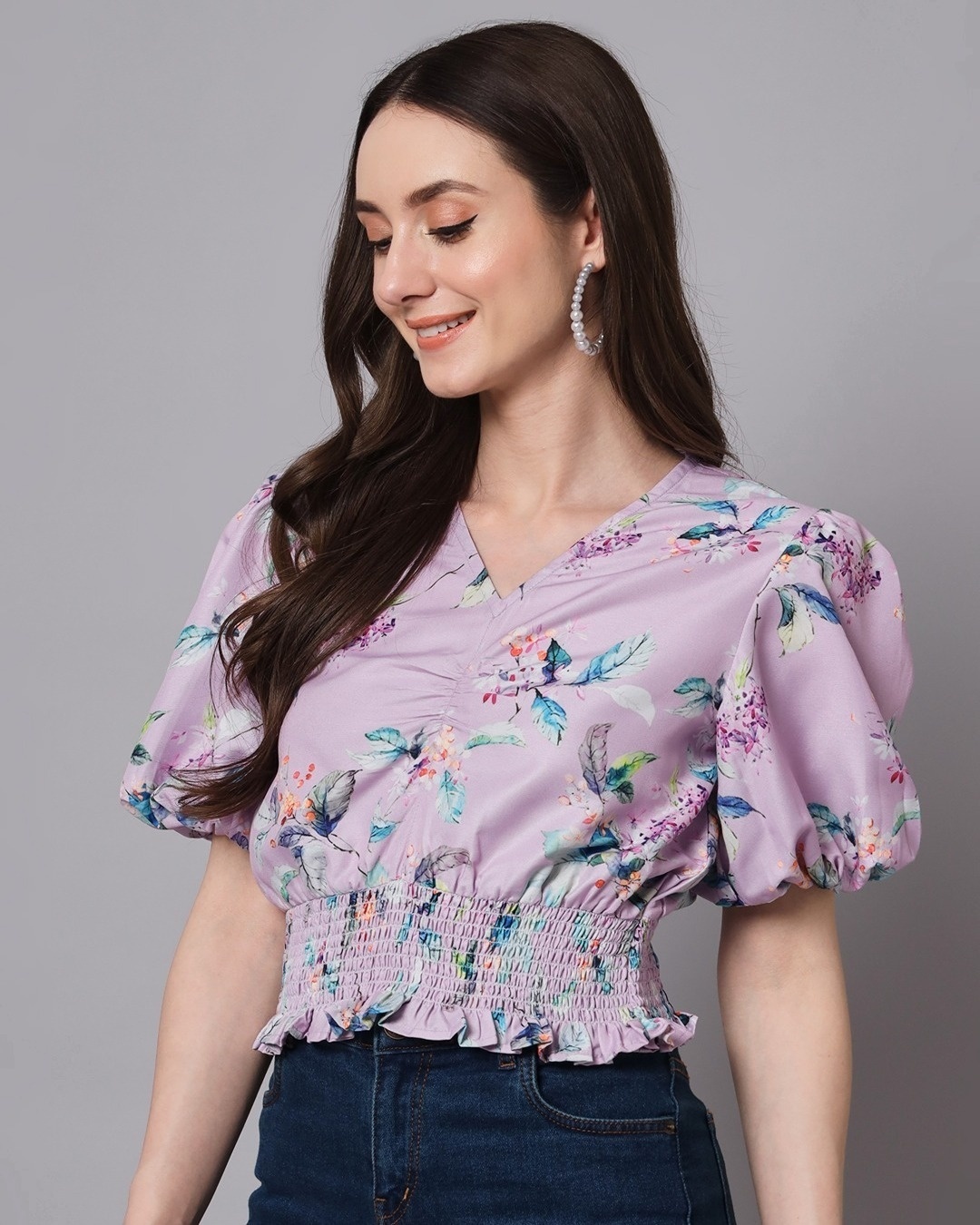 Shop Women's Lavender All Over Floral Printed Short Top-Back