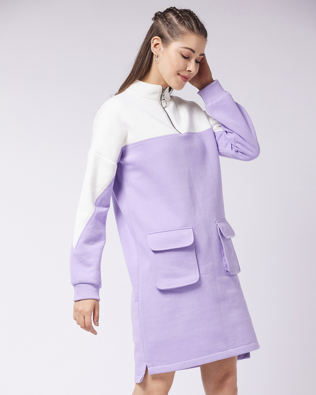 Shop Women's Lavender & Off-White Color Block Jumper Dress-Back