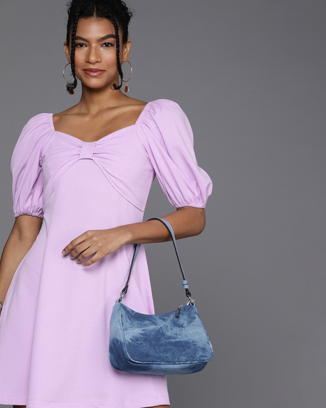 Shop Women's Lavender Puff Sleeve Twisted Detail Dress-Back