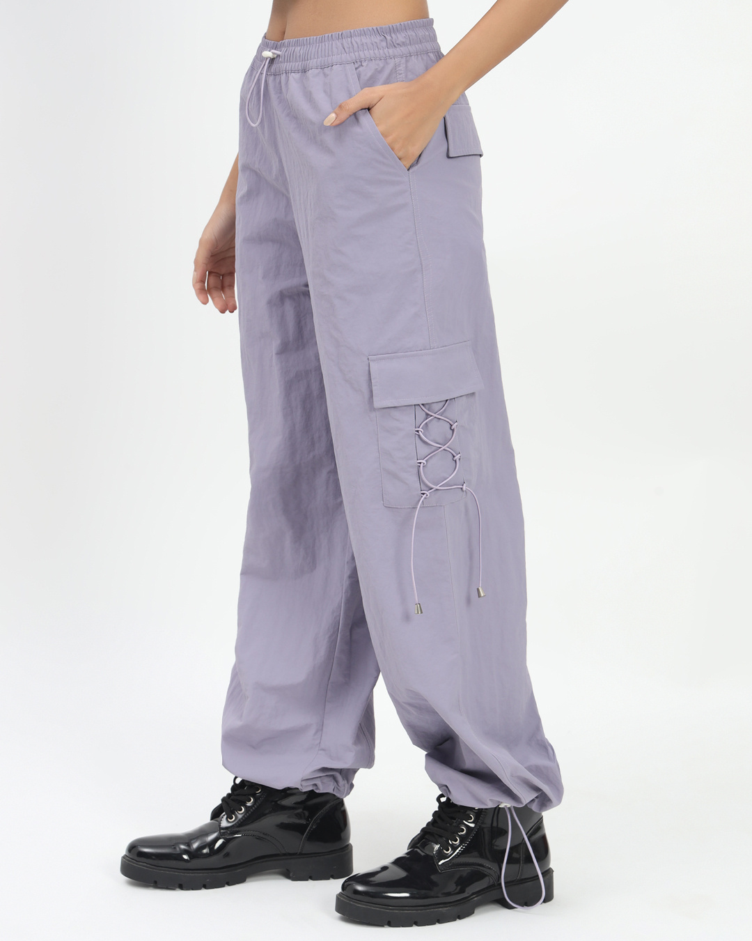 Shop Women's Lavender Tapered Fit Cargo Parachute Pants-Back