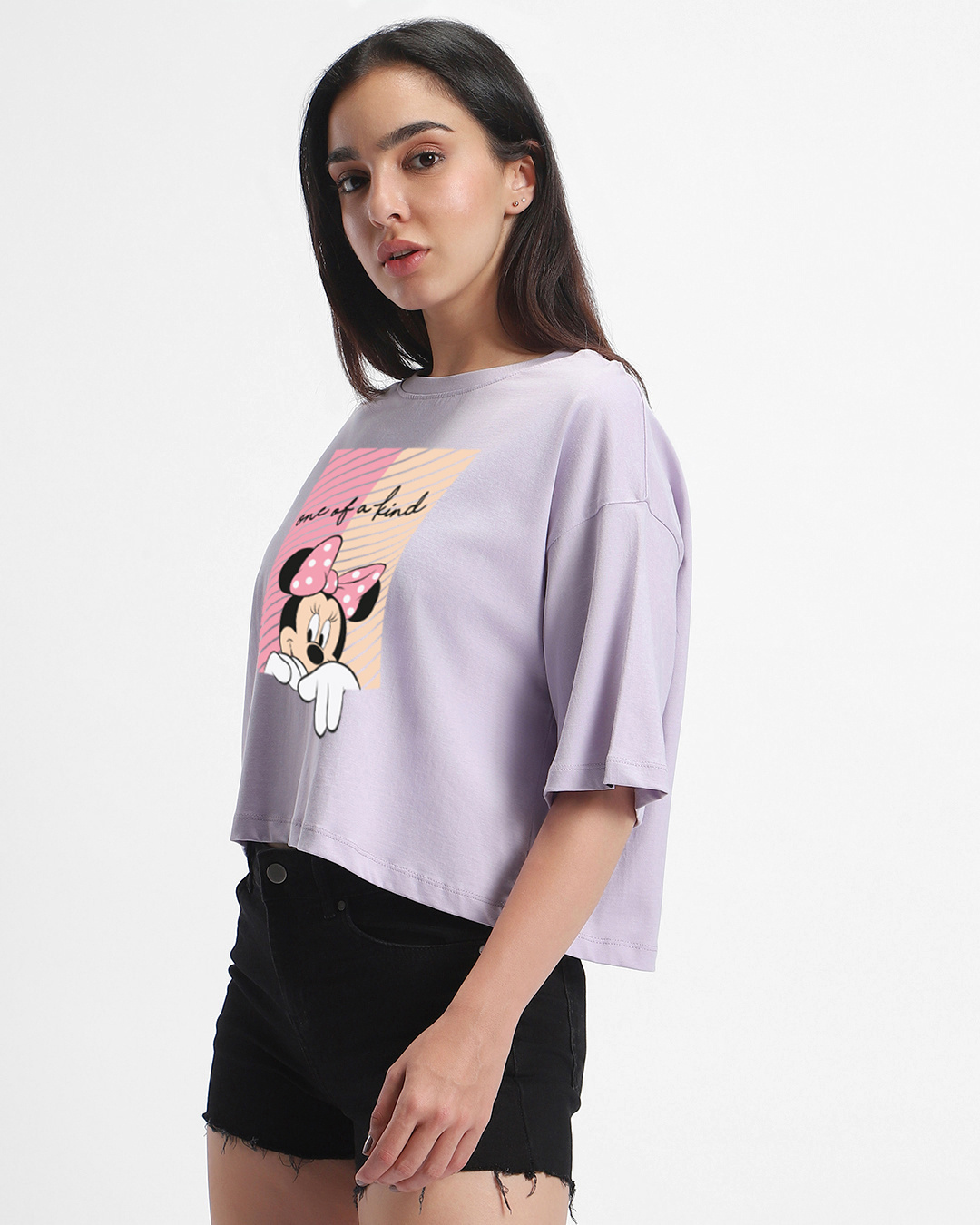 Shop Women's Lavender Unique Minnie Graphic Printed Oversized Short Top-Back