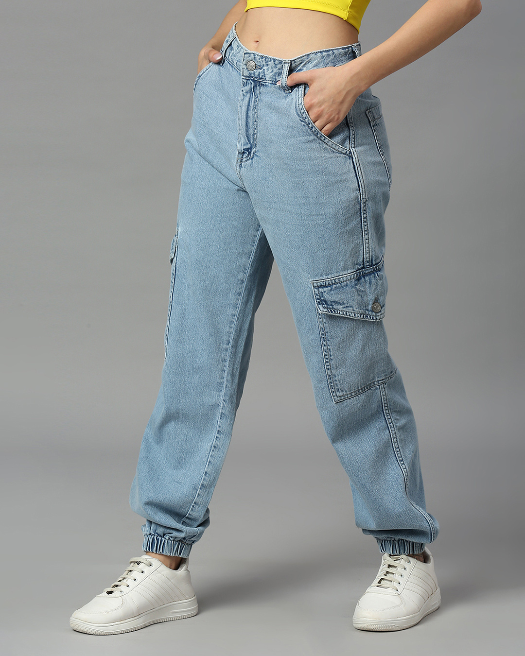 Shop Women's Light Blue Relaxed Fit Cargo Jogger Jeans-Back