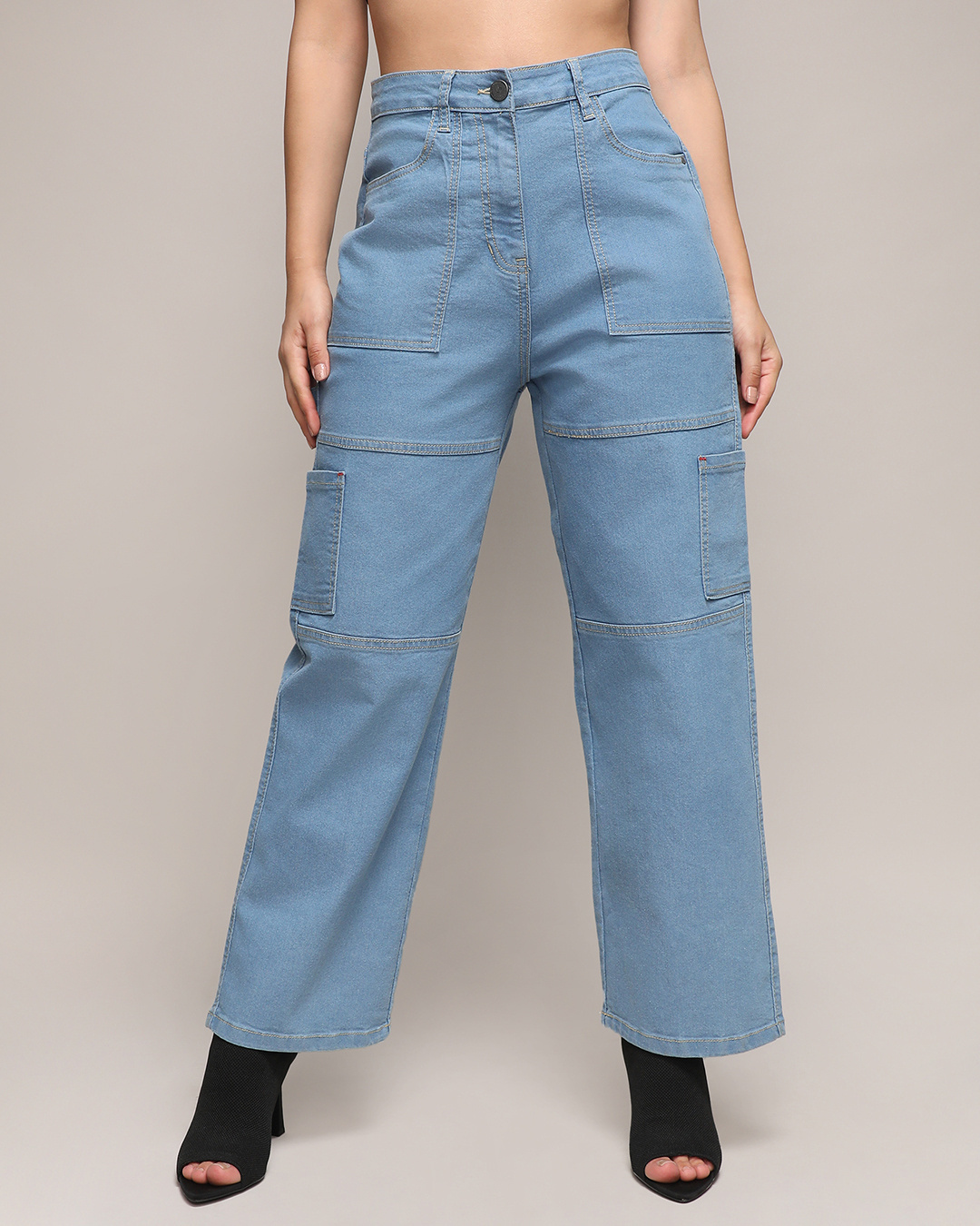 Shop Women's Light Blue Straight Fit Cargo Carpenter Jeans-Back