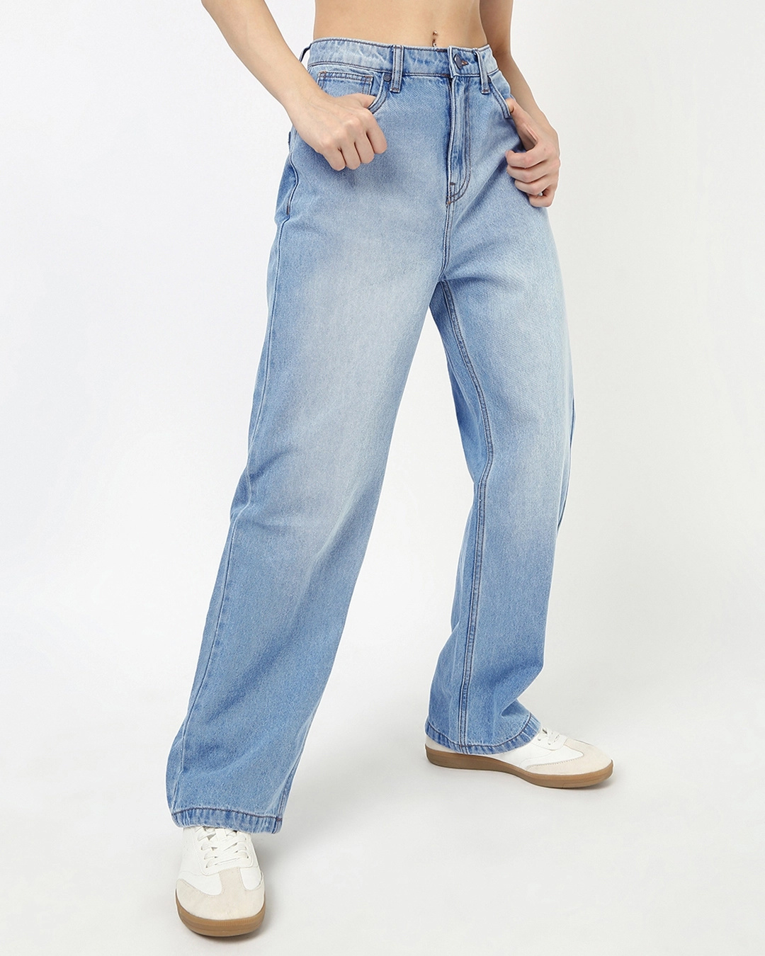 Shop Women's Light Blue Washed Baggy Straight Fit Jeans-Back