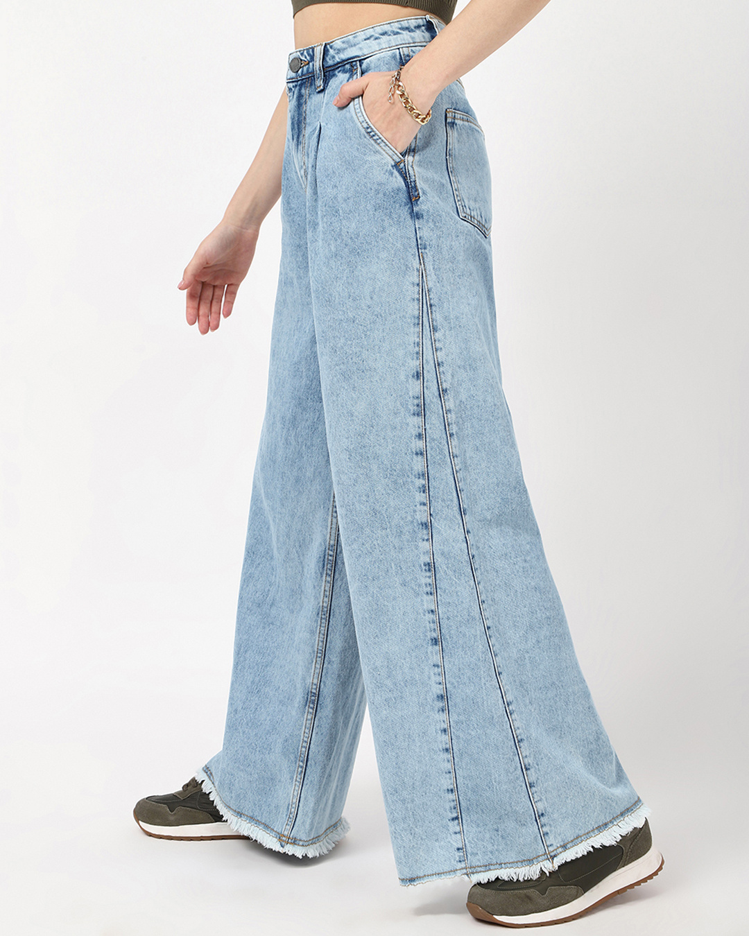 Shop Women's Light Blue Washed Flared Korean Jeans-Back