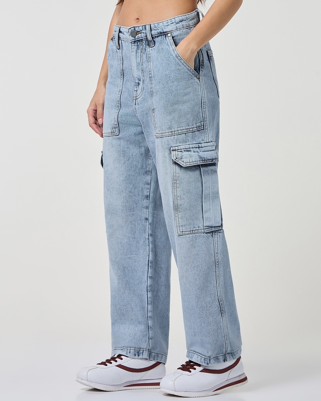 Shop Women's Light Blue Washed Straight Fit Cargo Jeans-Back