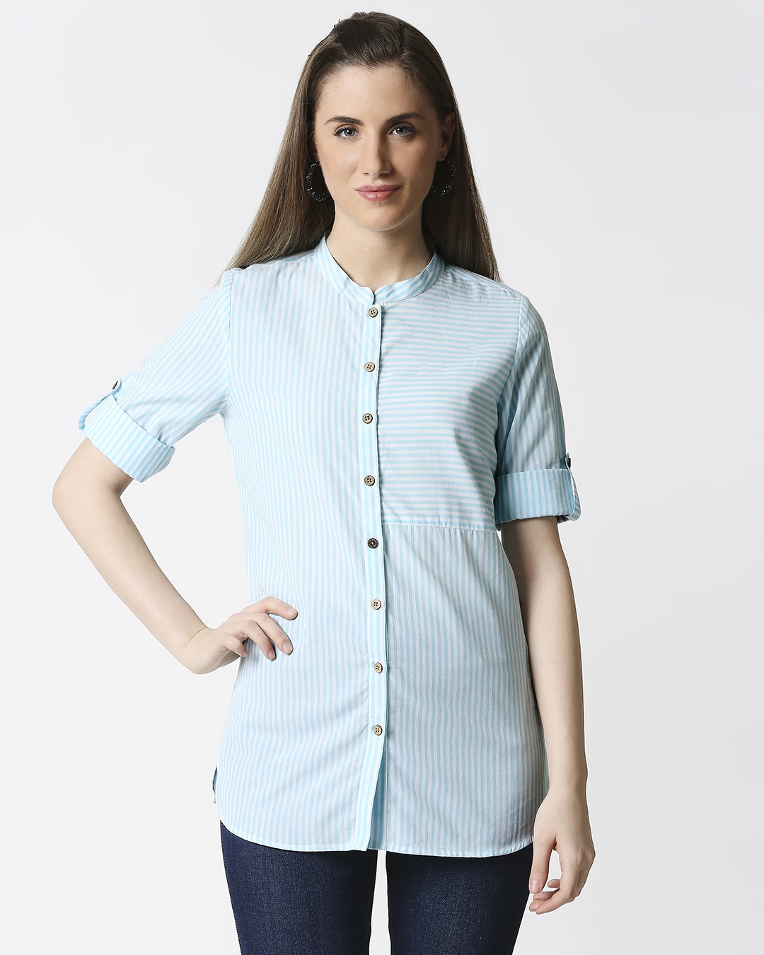 Shop Women's Light Blue Yarn Dyed Striped Tunic-Back