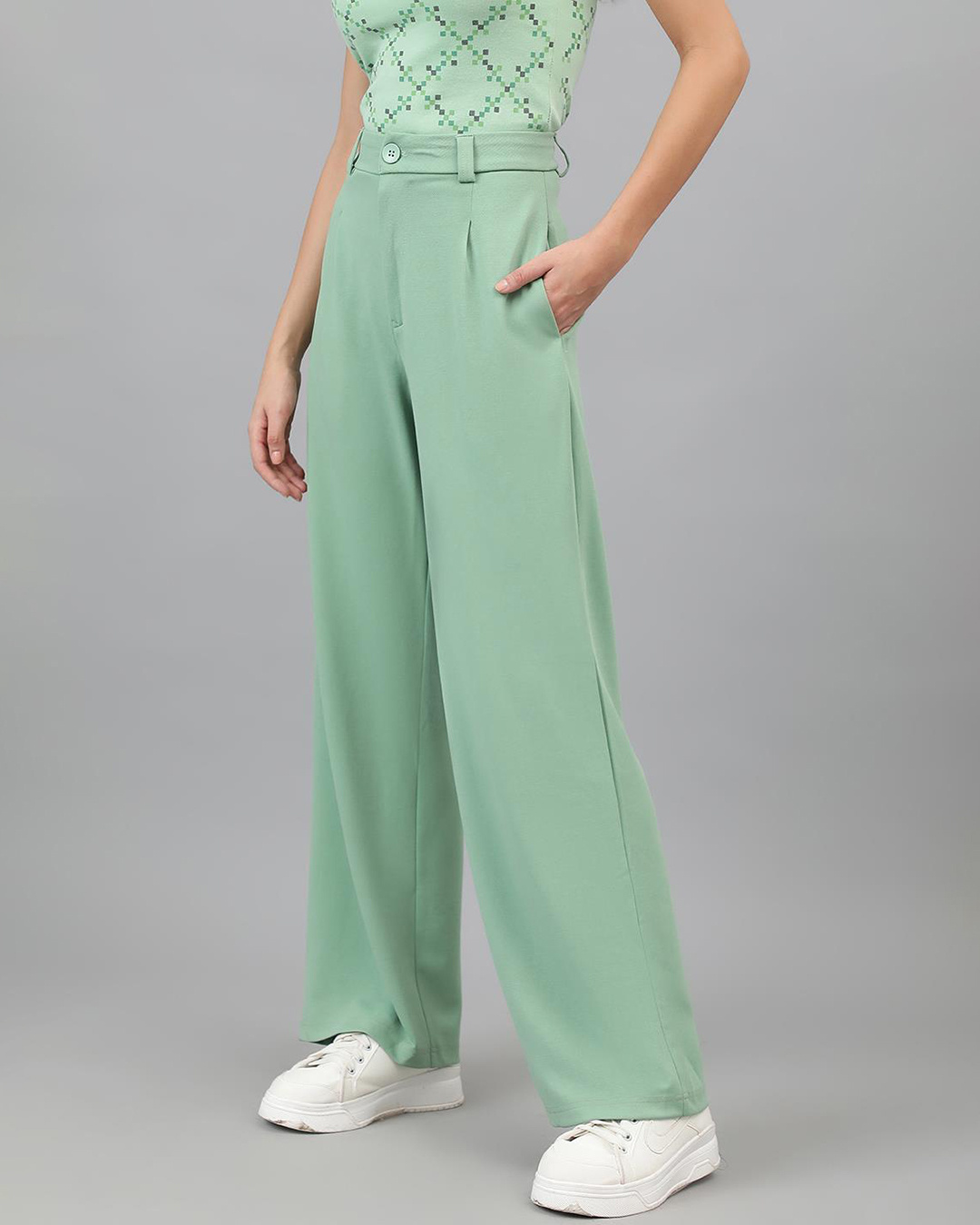 Shop Women's Light Green Straight Fit Trousers-Back