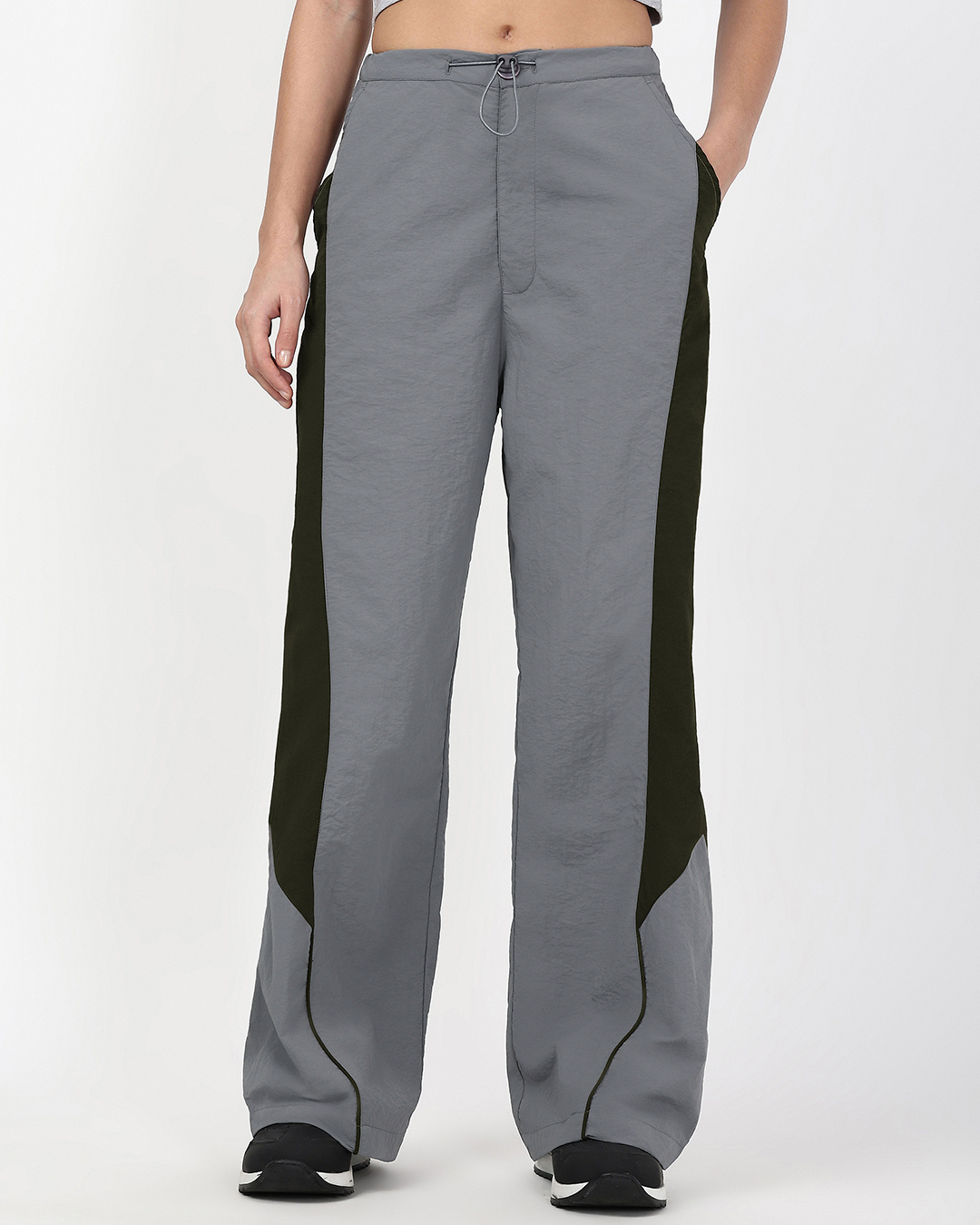 Shop Women's Light Grey Color Block Oversized Parachute Pants-Back