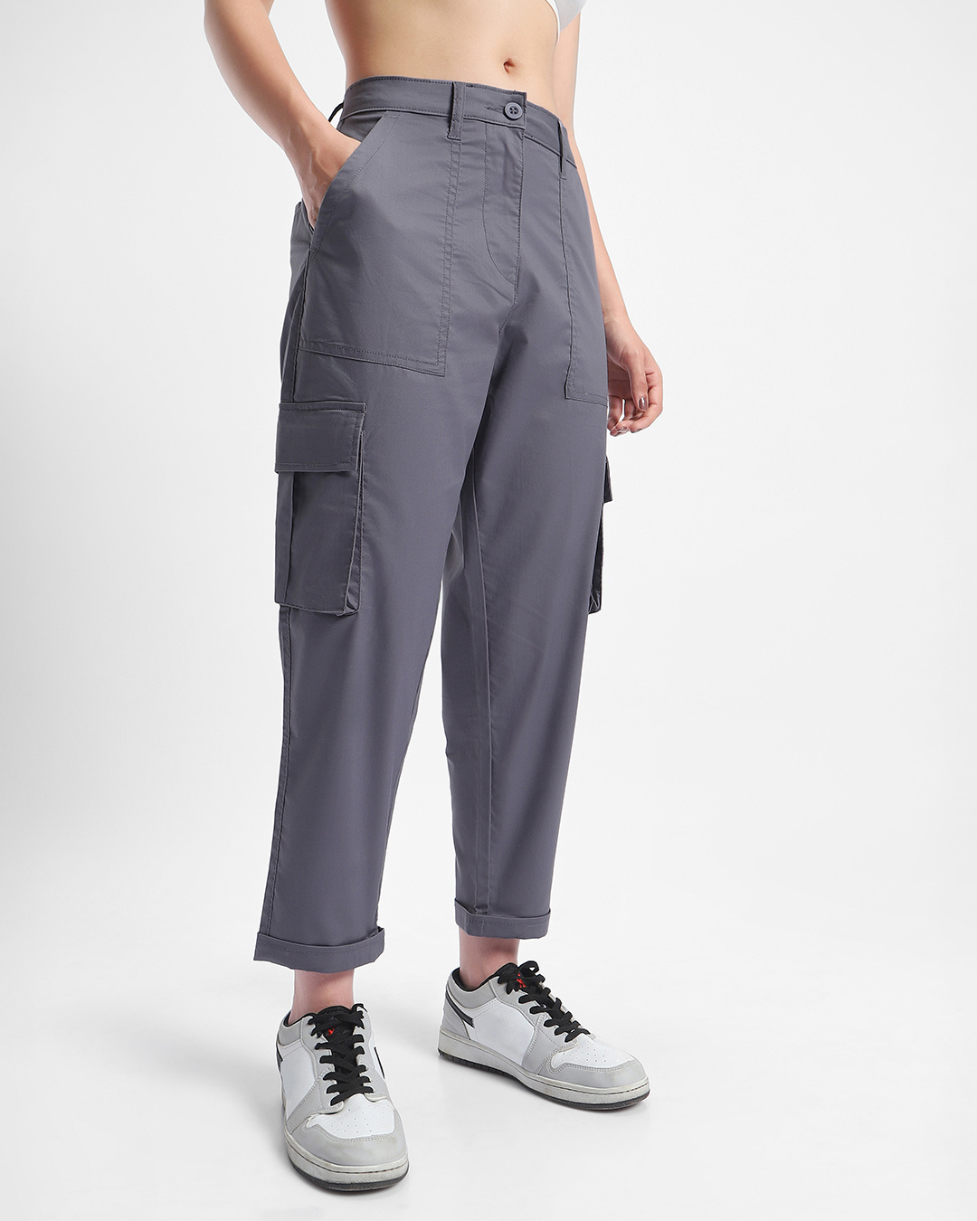 Shop Women's Grey Tapered Cargo Pants-Back