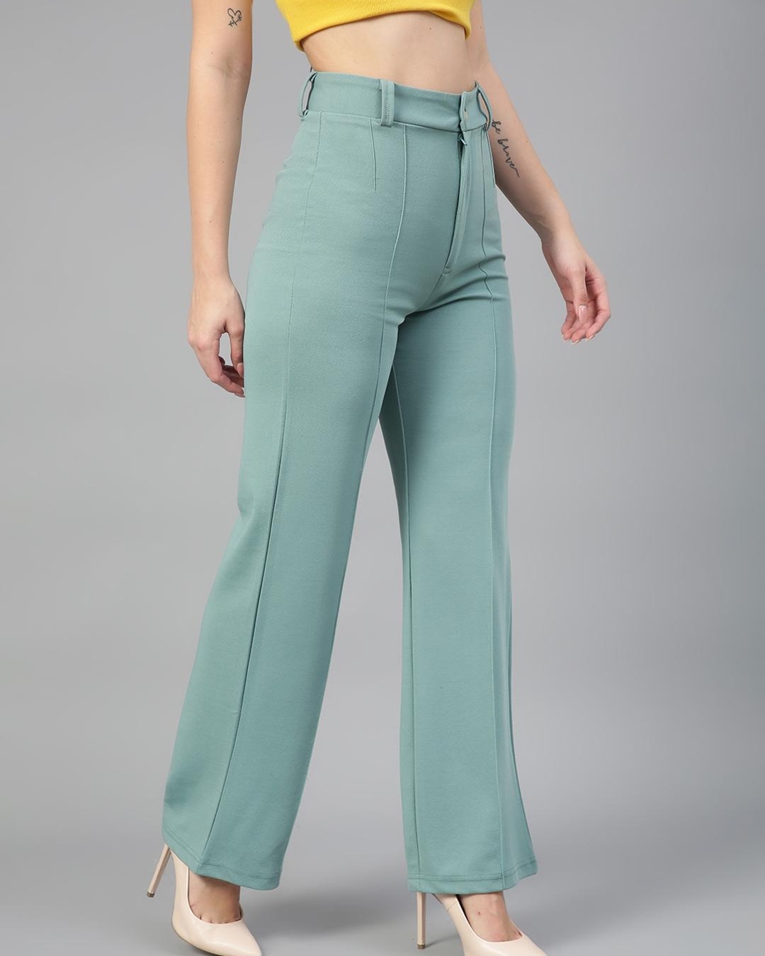 Shop Women's Light Moss Green Straight Fit Trousers-Back