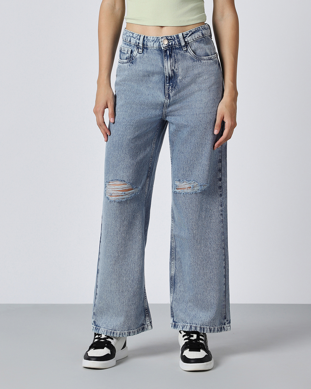 Buy Women's Blue Baggy Straight Fit Distressed Jeans Online at Bewakoof