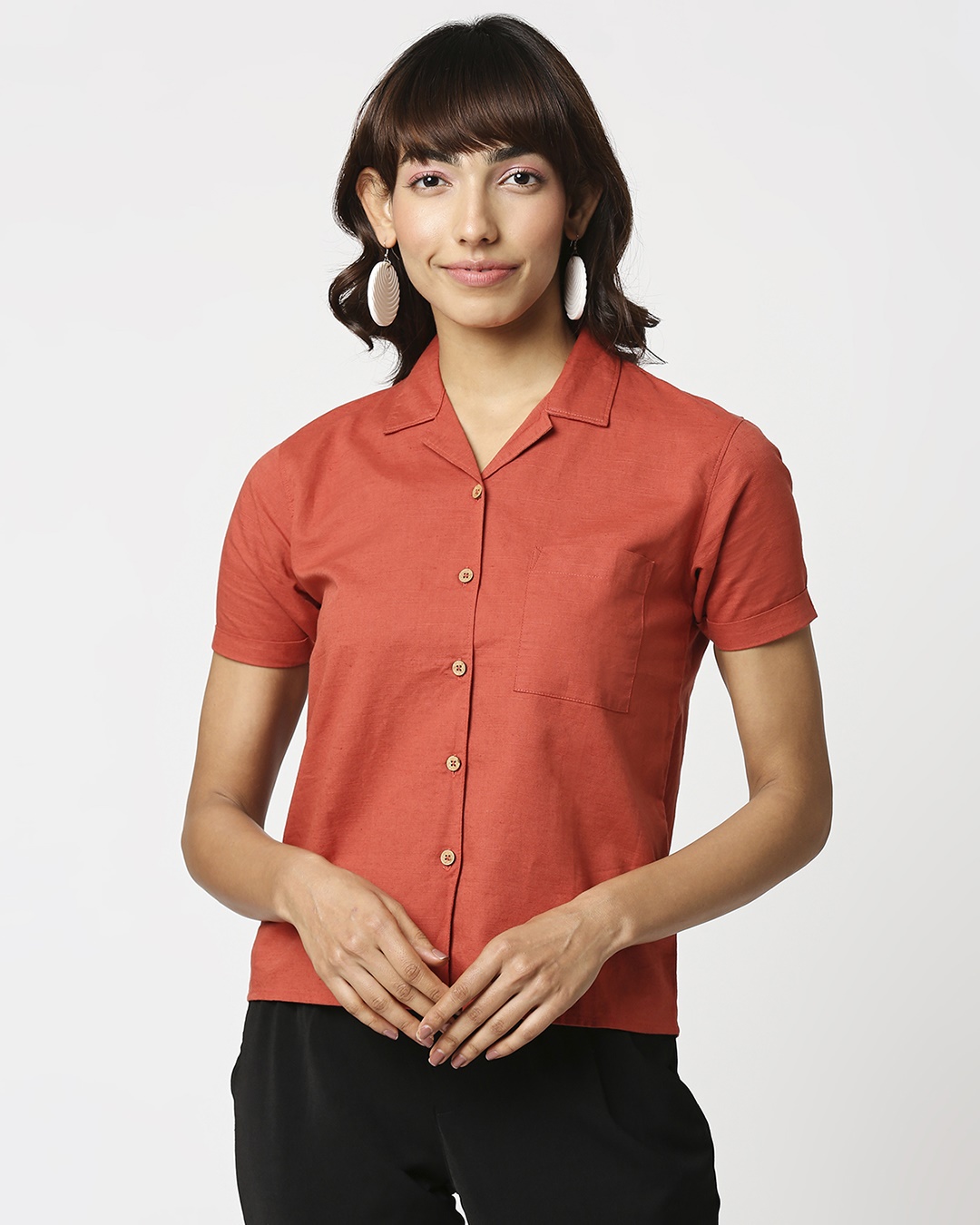 Shop Women's Linen Half Sleeves Lapel Collar Pocket Shirt-Back