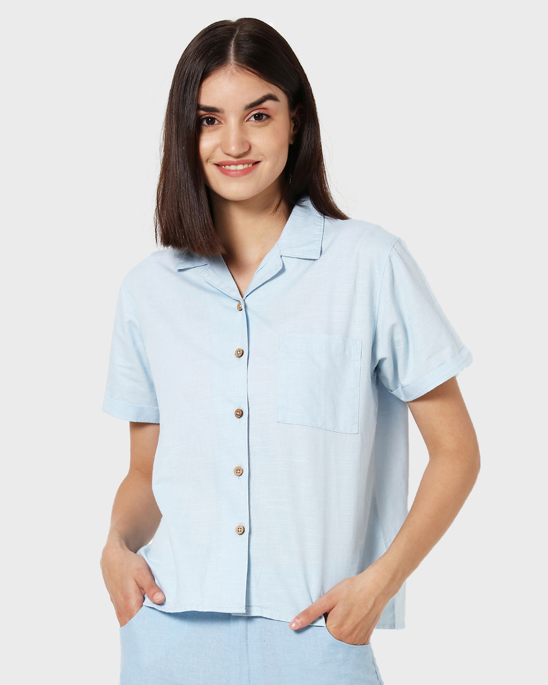 Shop Women's Linen Half Sleeves Lapel Collar Pocket Shirt-Back