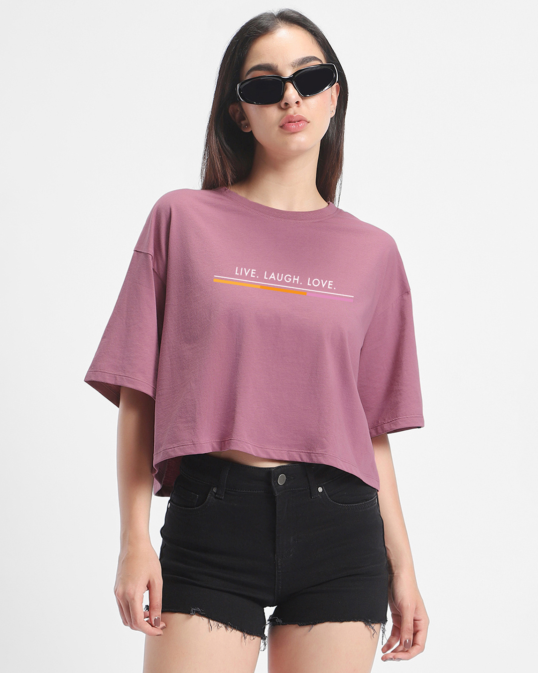 Buy Women's Purple Live Love Strip Graphic Printed Oversized Short Top ...