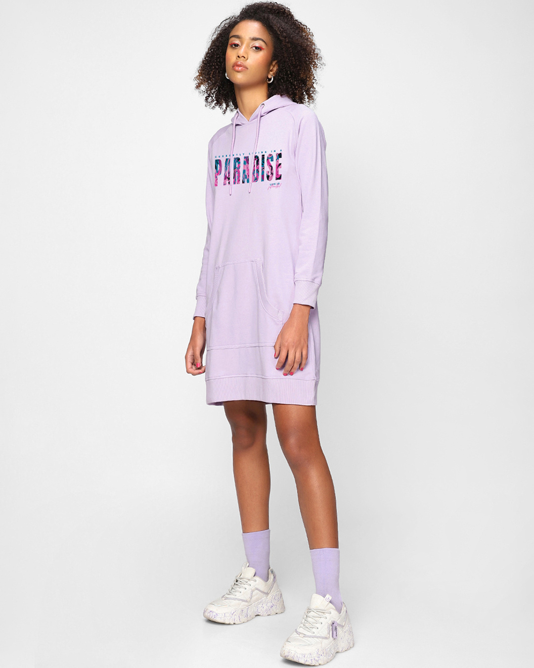 Shop Women's Purple Living in Paradise Graphic Printed Hoodie Dress-Back