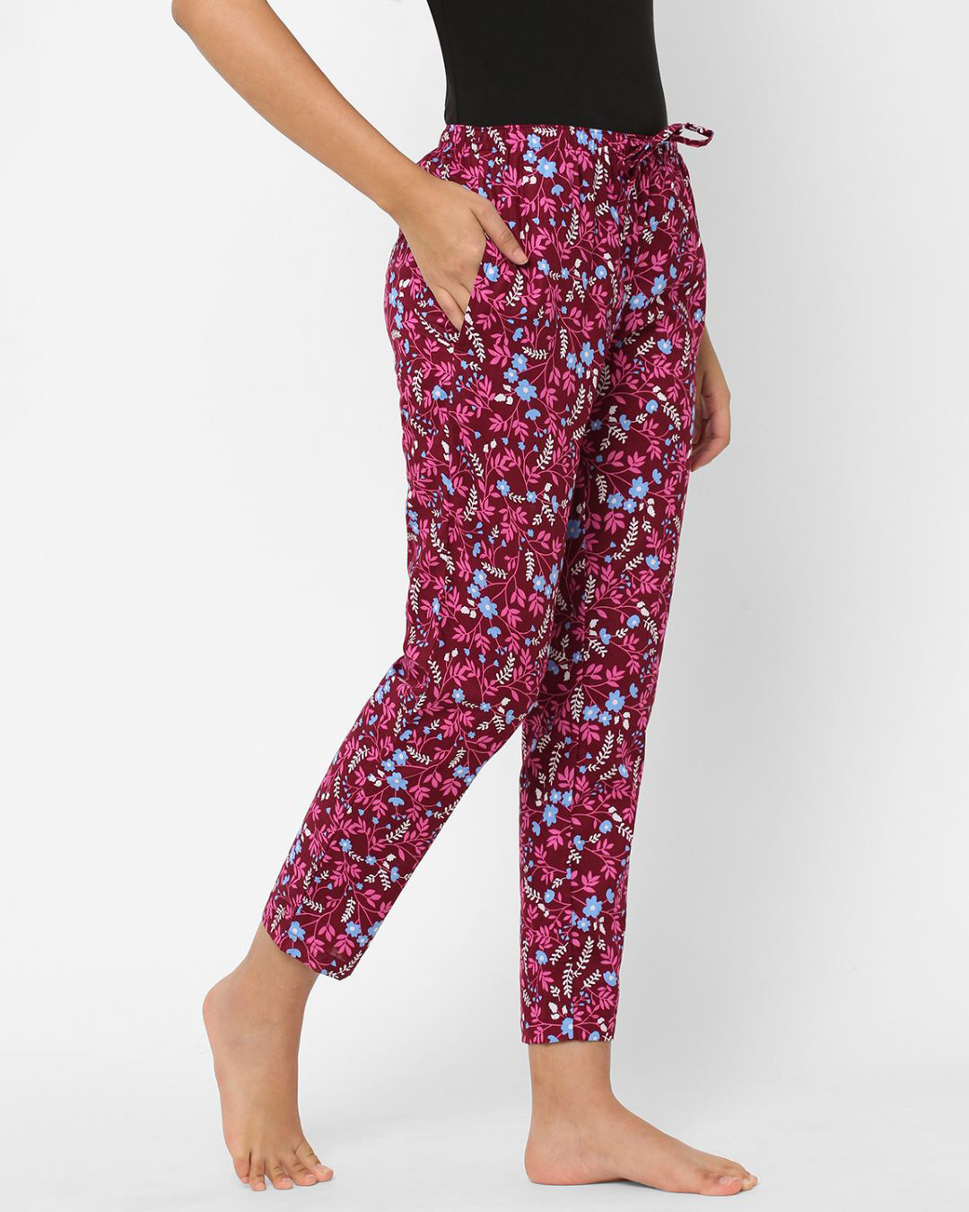 Shop Women's Maroon All Over Floral Printed Cotton Lounge Pants-Back