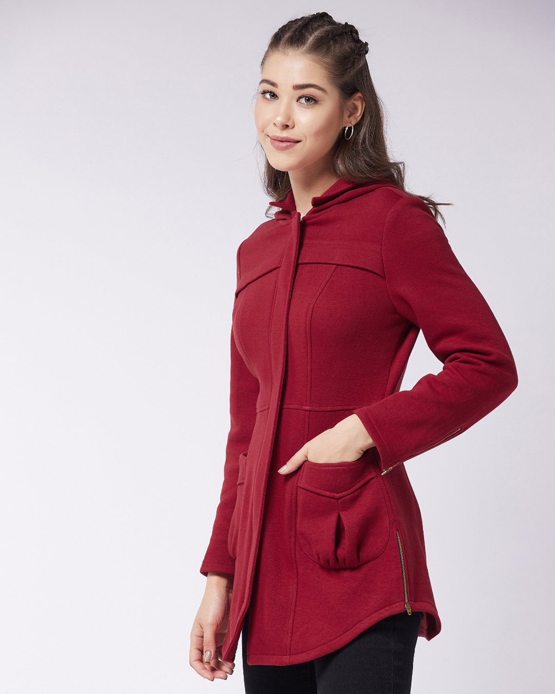 Shop Women's Maroon Collared Long Jacket-Back