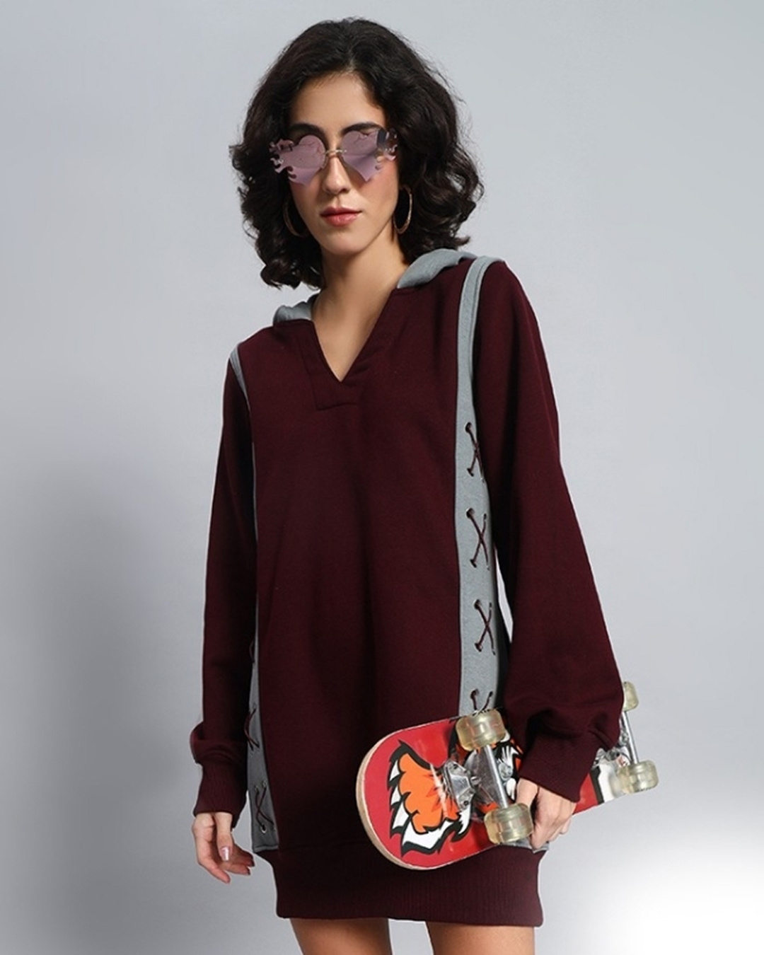 Buy Women's Maroon & Grey Color Block Oversized Hoodies Online at Bewakoof