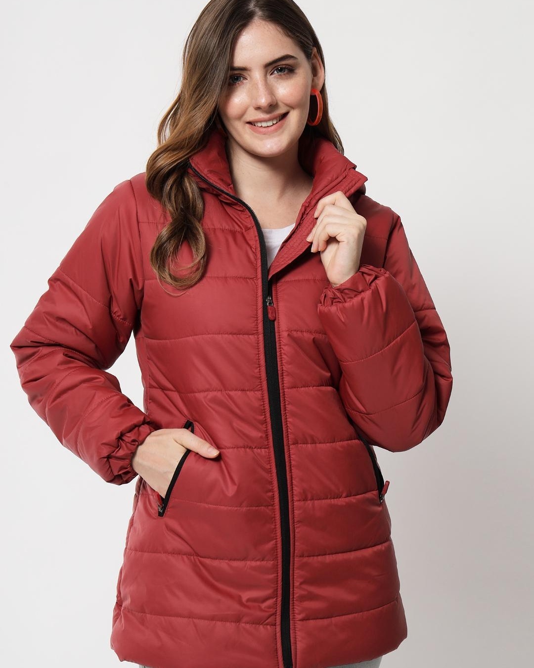 Buy Women's Maroon Hooded Puffer Jacket Online at Bewakoof