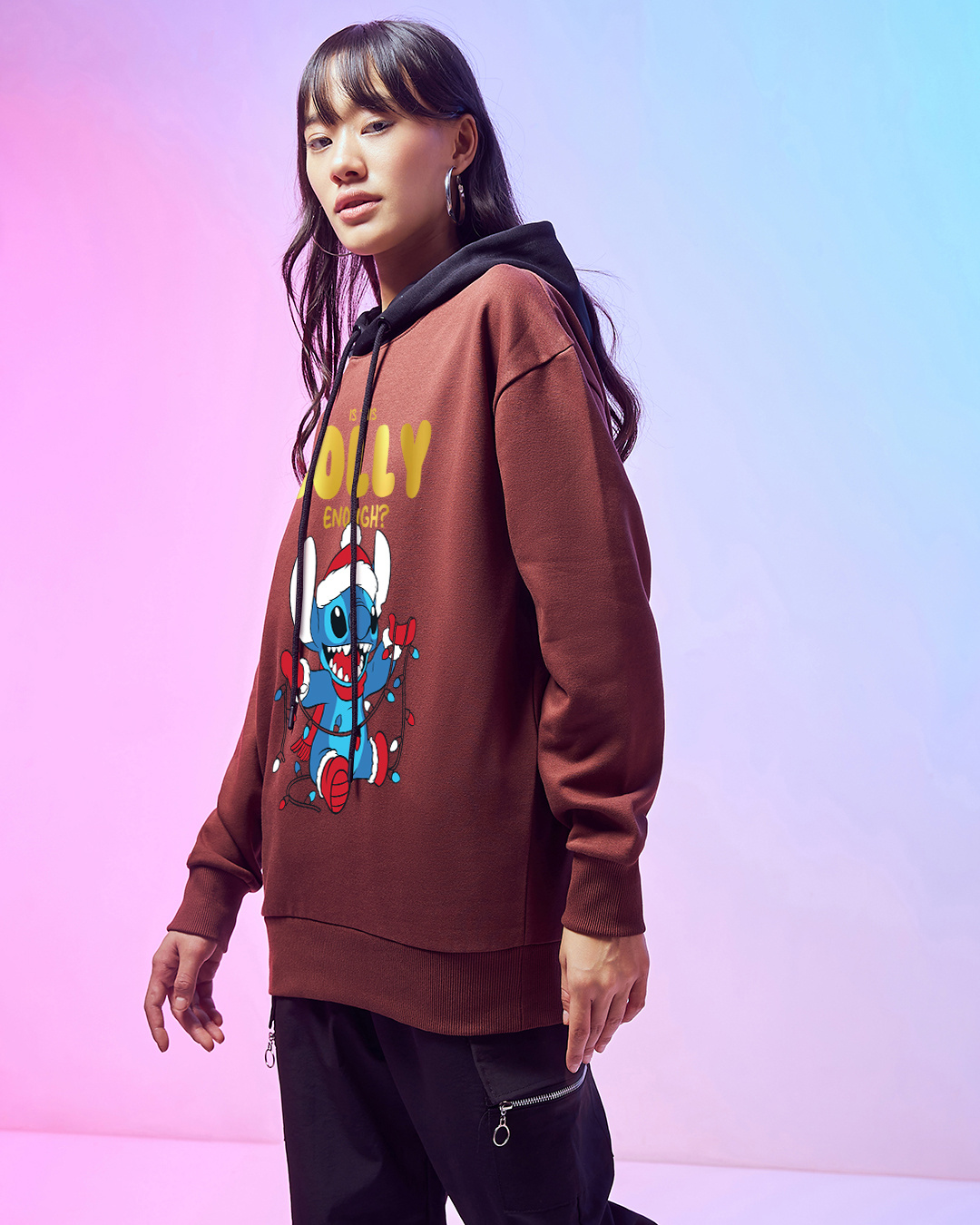 Shop Women's Brown Jolly Enough Graphic Printed Oversized Hoodies-Back