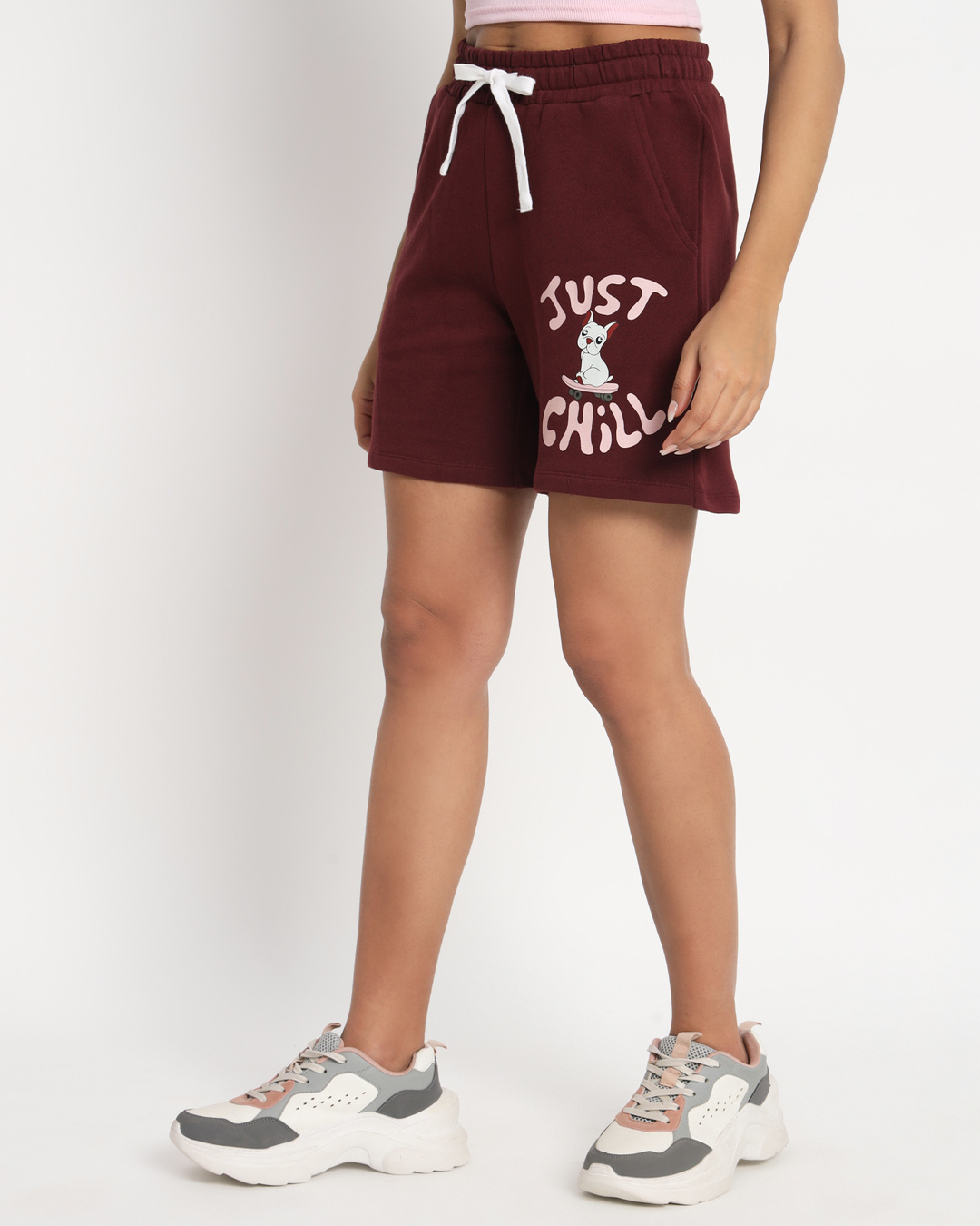 Shop Women's Maroon Just Chill Typography Relaxed Fit Shorts-Back