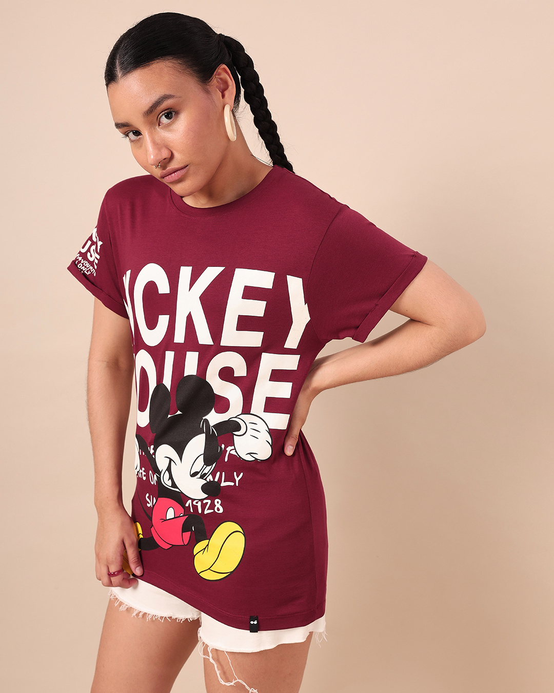Shop Women's Maroon Mickey Graphic Printed Boyfriend T-shirt-Back