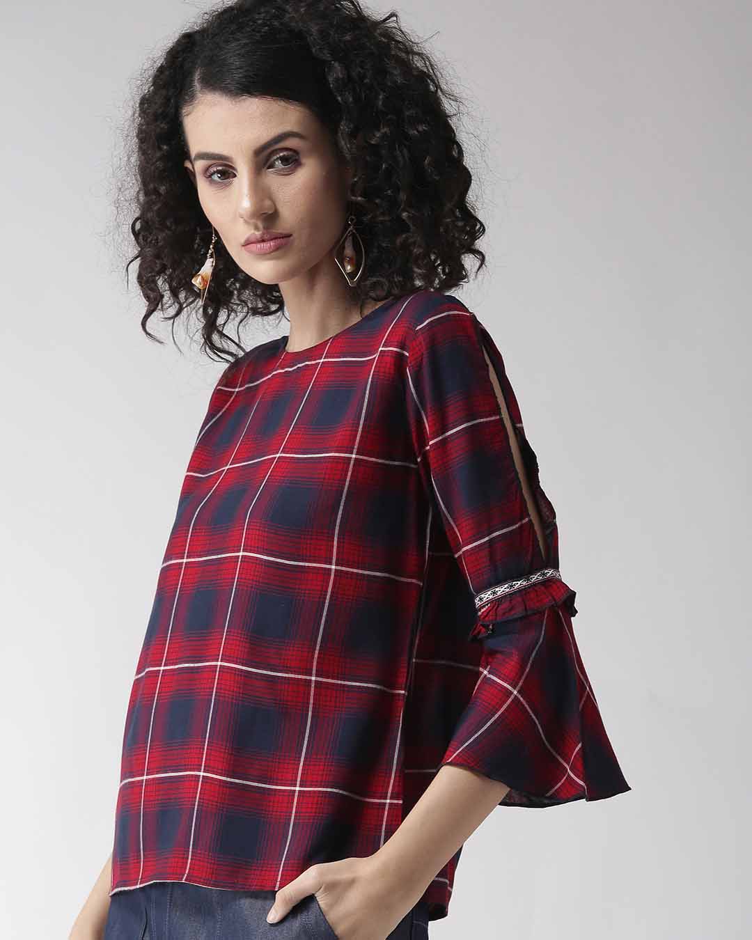 Shop Women's Maroon & Navy Blue Checked Top-Back