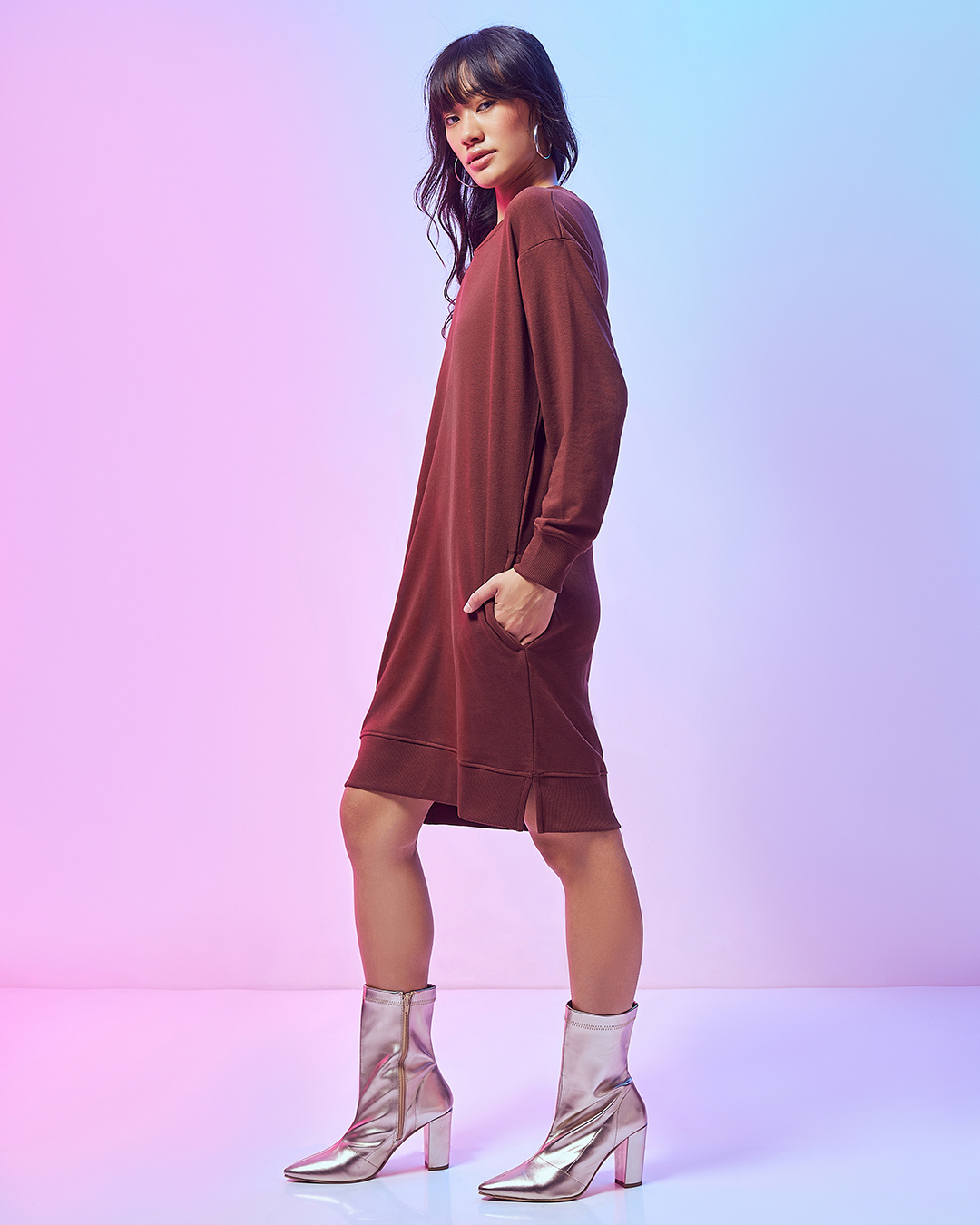 Shop Women's Brown Oversized Sweatshirt Dress-Back