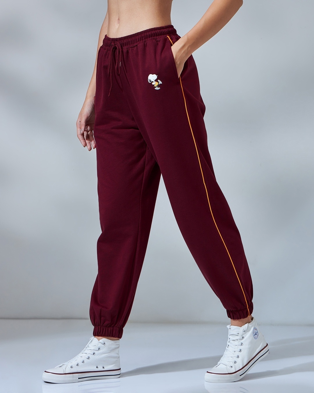 Shop Women's Maroon Peanuts Pie Graphic Printed Oversized Joggers-Back
