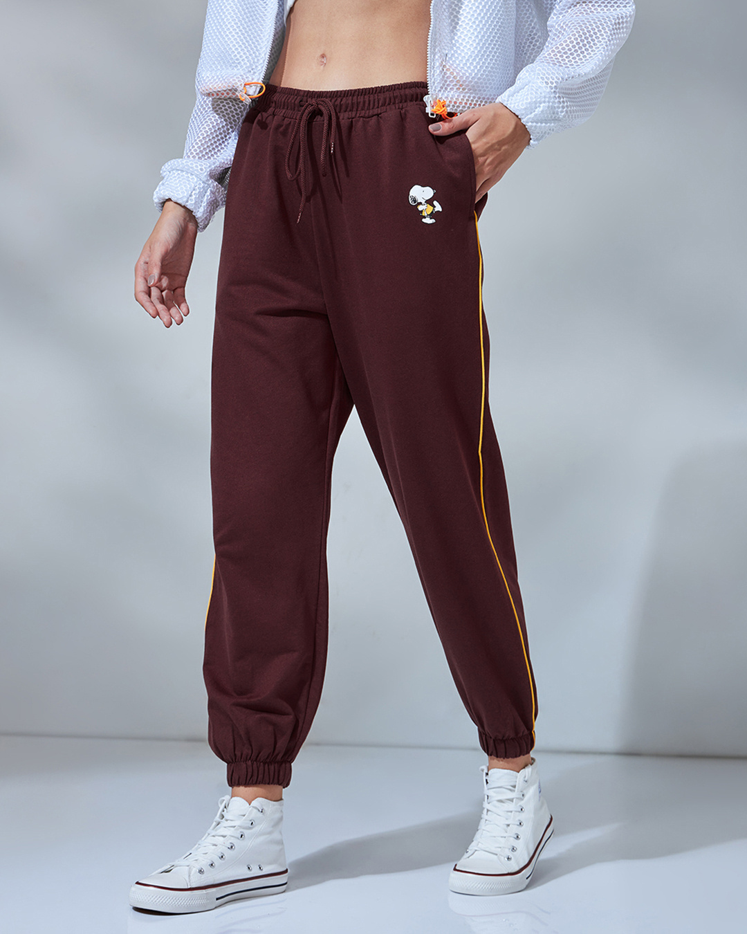 Shop Women's Maroon Peanuts Pie Graphic Printed Oversized Joggers-Back