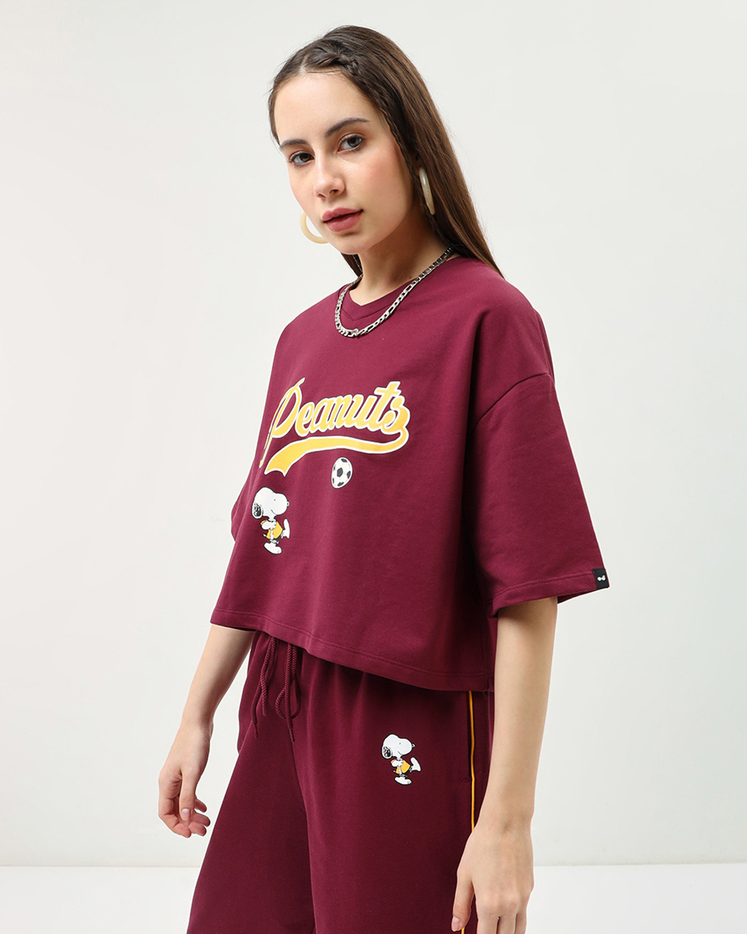 Shop Women's Maroon Peanuts Graphic Printed Oversized Short Top-Back