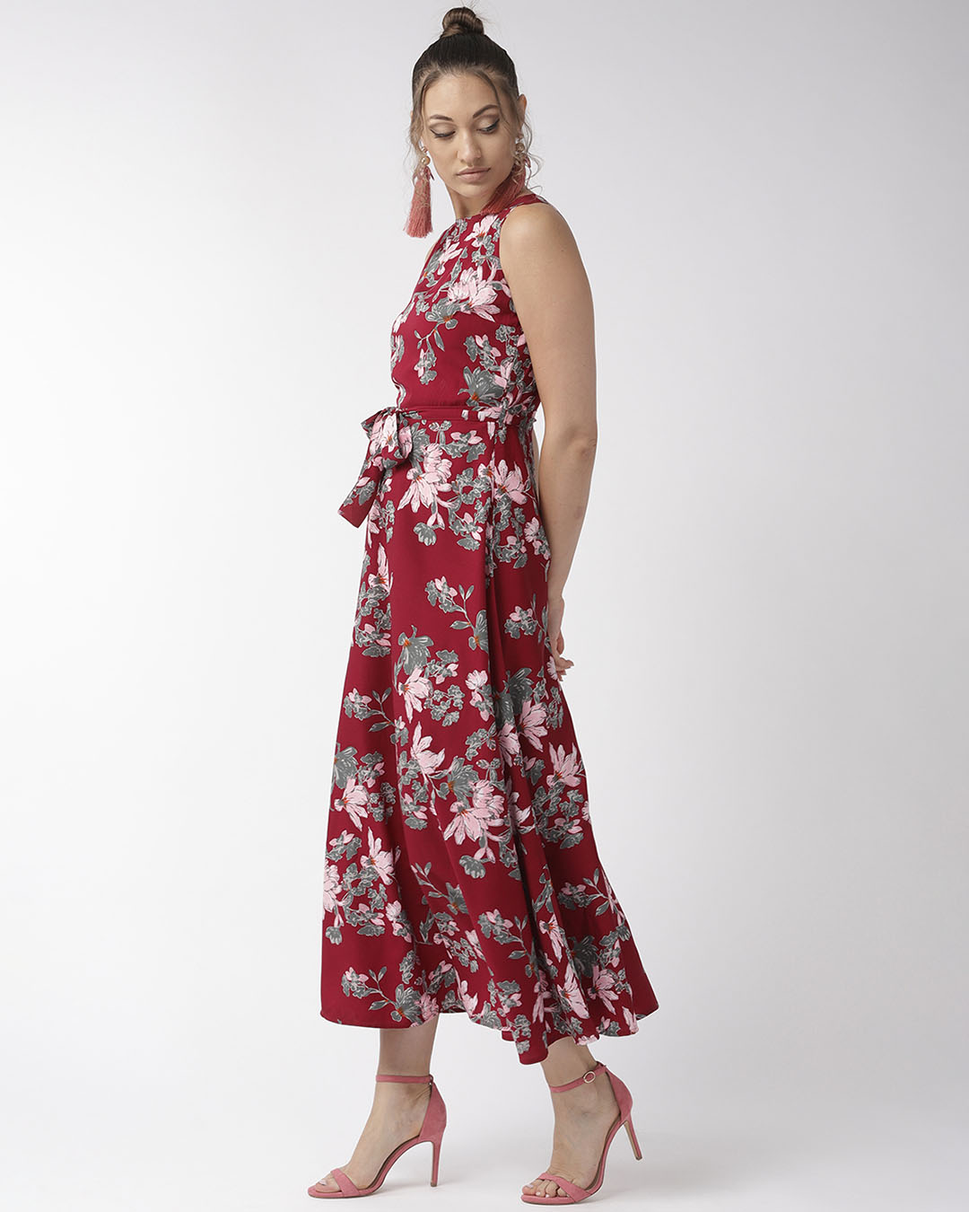 Shop Women's Maroon & Pink Floral Print Maxi Dress-Back