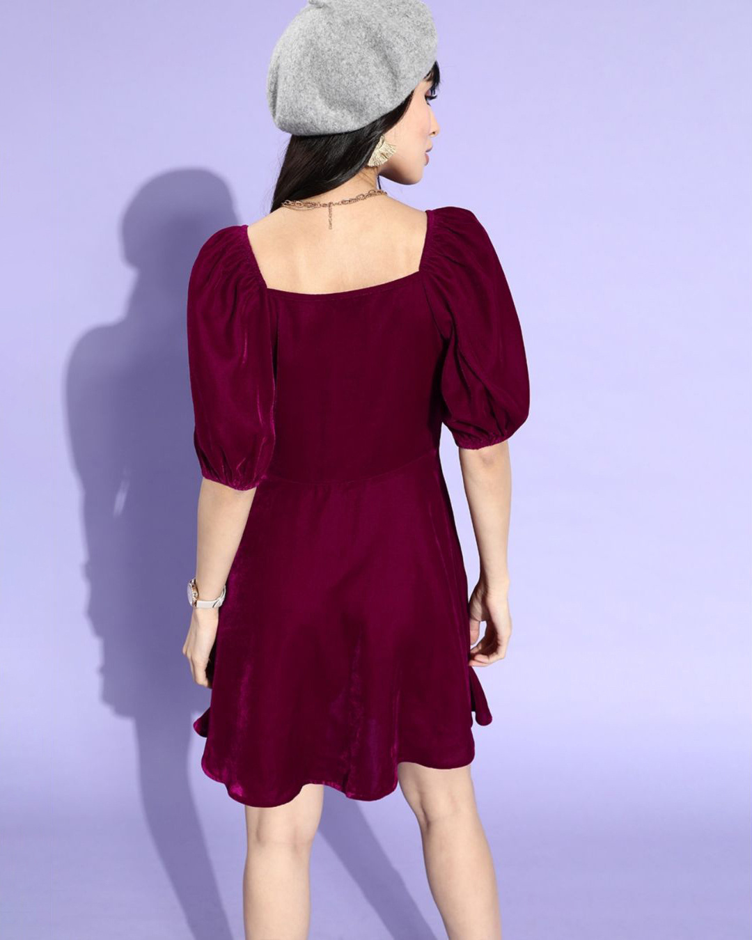 Shop Women's Maroon Puff Sleeve Dress-Back