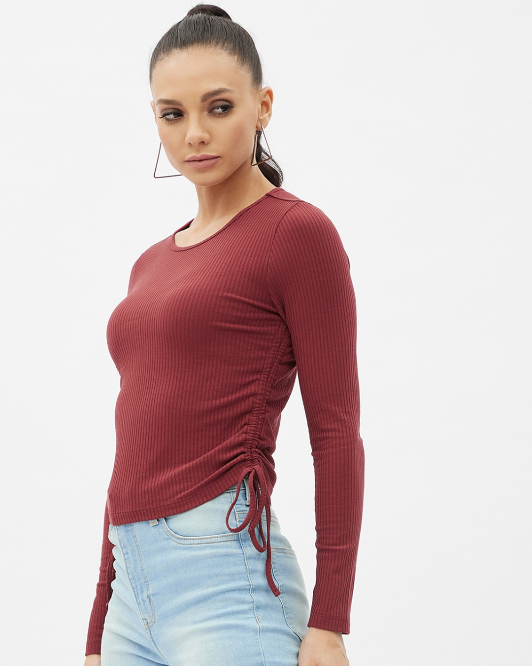 Shop Women's Maroon Rayon Round Neck Long Sleeve Top-Back