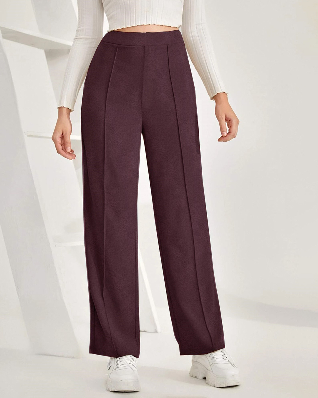 Women Maroon Mid-Rise Straight-Fit Cotton Trousers main image 0