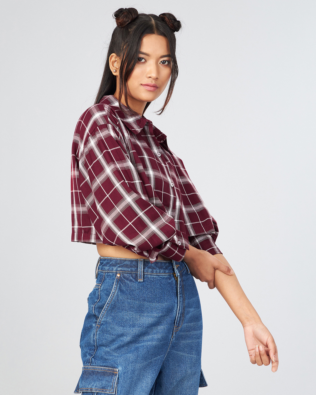 Shop Women's Maroon & White Checked Boxy Fit Crop Shirt-Back