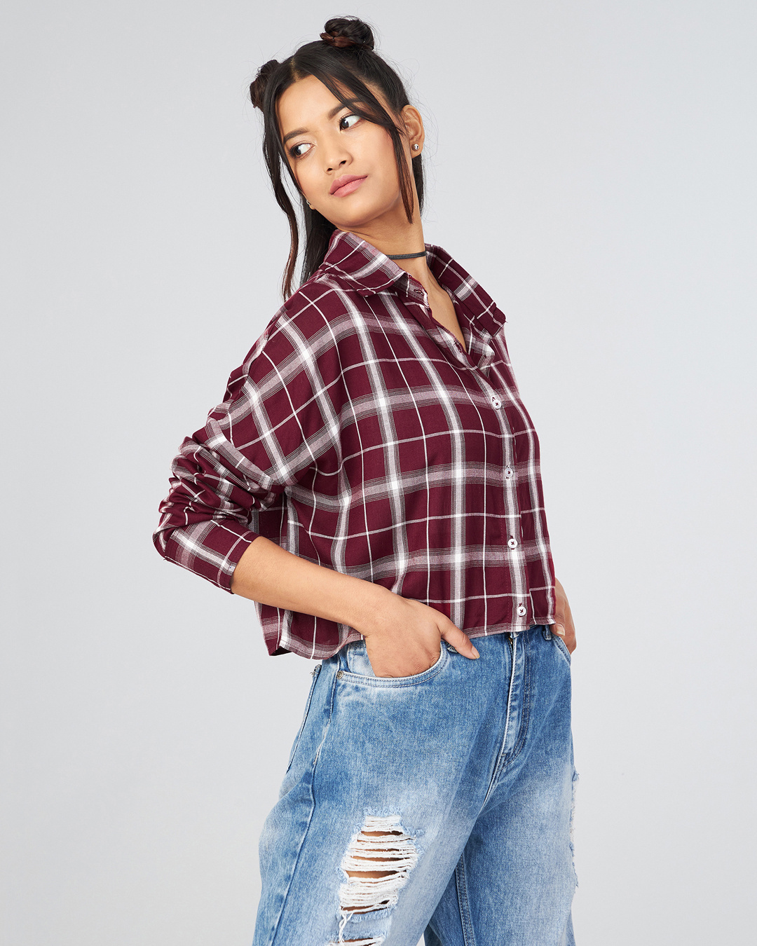 Shop Women's Maroon & White Checked Boxy Fit Crop Shirt-Back