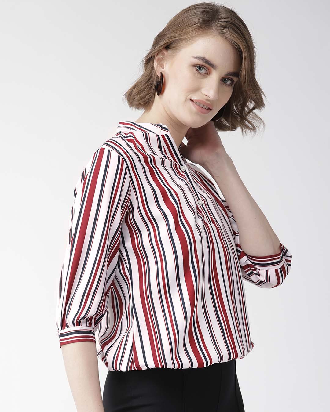 Shop Women's Maroon & White Striped Shirt Style Top-Back